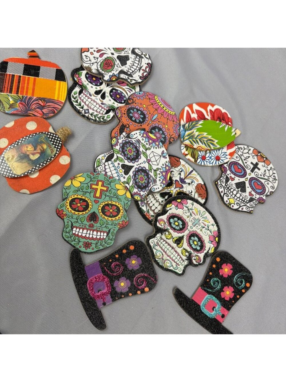 Lot 13 Sugar Skull Pumpkin Halloween Wood Cut Out Craft Supply Decor Party